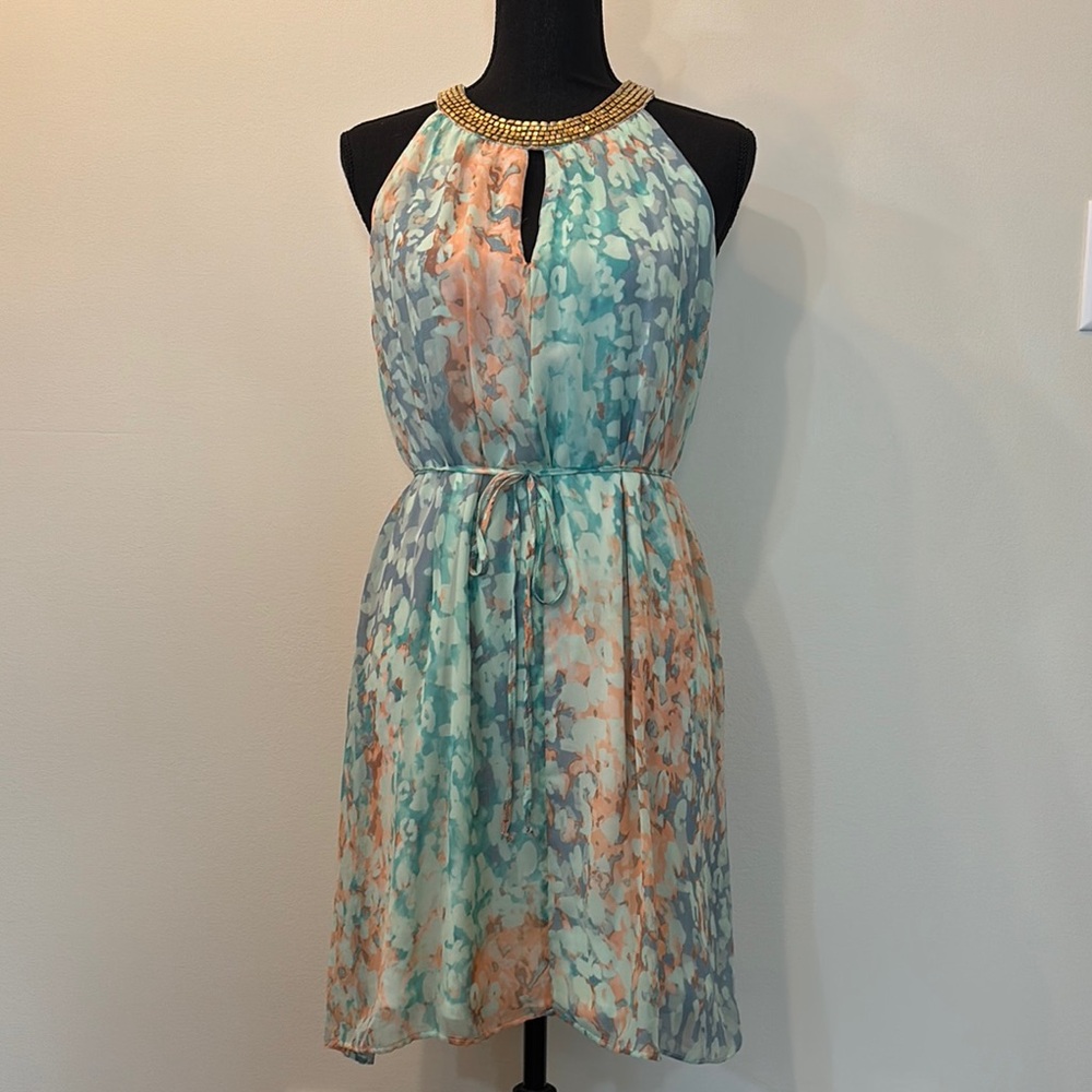 Vince Camuto Women’s Blue and Peach Midi Dress Size 6 With Gold Beaded Neckline